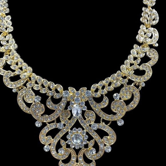 Gold Rhinestone Statement Necklace Earring Set Wedding Glam Elegant Jewelry - Picture 4 of 10
